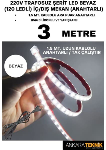 Allians 220V Trafosuz Şerit LED Beyaz Renk, 120 Led, Anahtarlı, Tak Çalıştır, 3