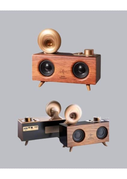 Çift Hoparlörlü Bluetooth Gramofon Speaker - Fm Radyo, Usb, Sd Kart ve Aux Girişli -