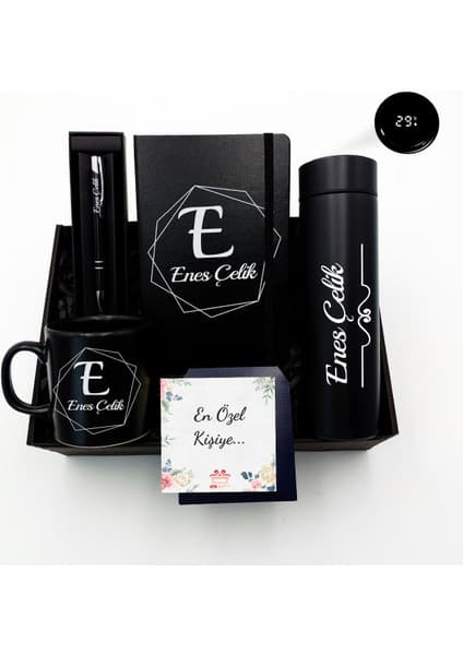 As Gift Kişiye Özel Siyah Defter & Siyah Kupa & Siyah Tükenmez Kalem & Dereceli Termos Hediye
