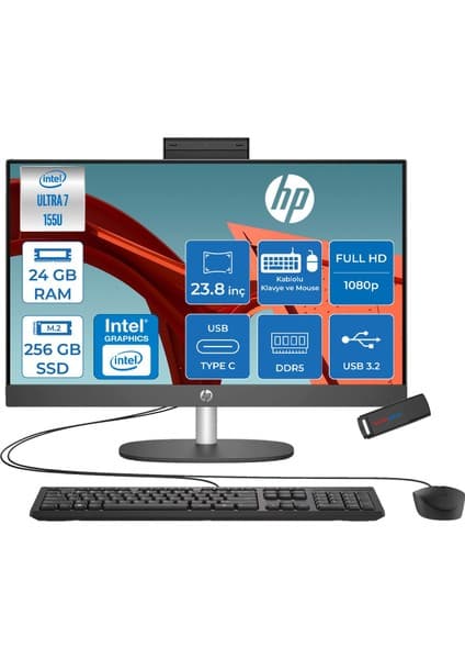 Hp Proone 240 G10 Intel® Core™ Ultra 7 155U 4,8 Ghz 24GB Ddr5 256GB SSD 23.8" Fhd (1920 x 1080),