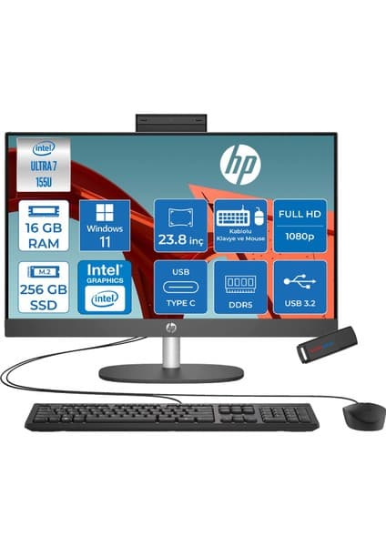 Hp Proone 240 G10 Intel® Core™ Ultra 7 155U 4,8 Ghz 16GB Ddr5 256GB SSD 23.8" Fhd (1920 x 1080),