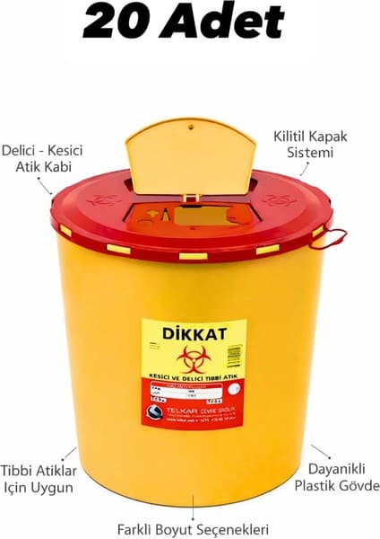 Tıbbi Atık Kovası, Enfekte Kovası Sarı Renk , Hijyenik ve Güvenli Kullanım 5 Litre Tüm