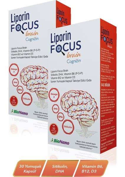 Liporin 2 Kutu Focus Brain Sitikolin, Dha, Vitamin B6(P-5-P) ,vitamin B12 ve Vitamin D3 30