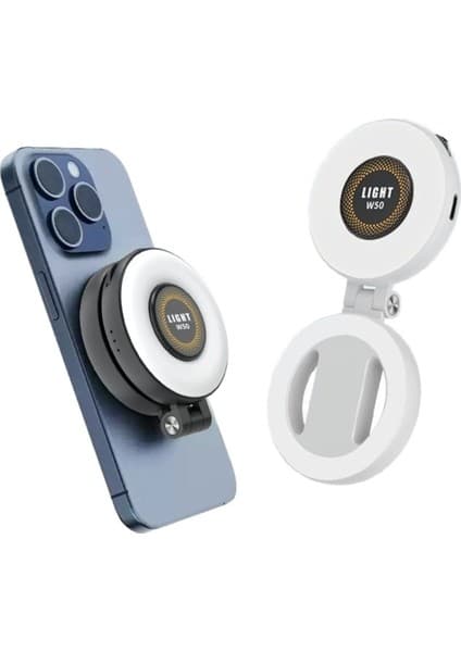 W50 Magsafe Selfie LED Işık, Ahşap Bej ve Siyah Cam Malzeme ile Parlak Fotoğraf