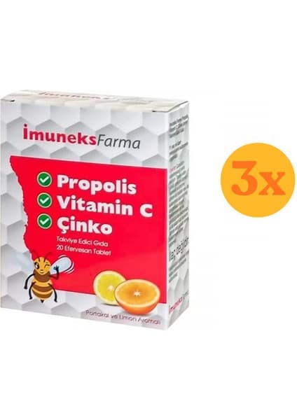 Imuneks Propolis Vitamin C Ve Çinko 20 Tablet - 3 Adet (Toplam 60 Tablet) - Dezenfektan Hediyeli