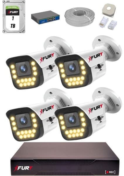 Fury 15 Warm LED Ip Güvenlik Kamera Seti 4 Kameralı Sesli 4mp Gece Renkli Su Geçirmez 1403S