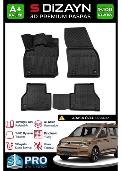 S-Dizayn VW Caddy 3D Pro Havuzlu Paspas 2020 Üzeri A+