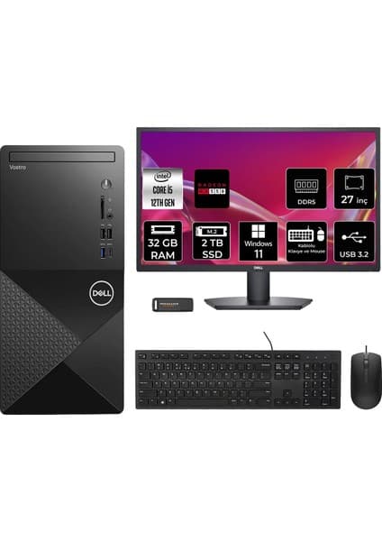 Dell Vostro 3030MT i5 12400 Masaüstü Bilgisayar 32GB RAM 2TB SSD 27" FHD Win11 Home + Per4 USB