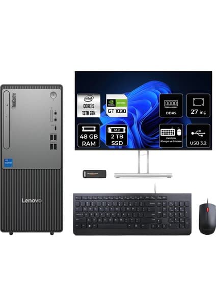 Lenovo Thinkcentre Neo 50T i5 13400 Masaüstü Bilgisayar 48GB RAM 2TB SSD 27" FHD FreeDOS + Per4 USB