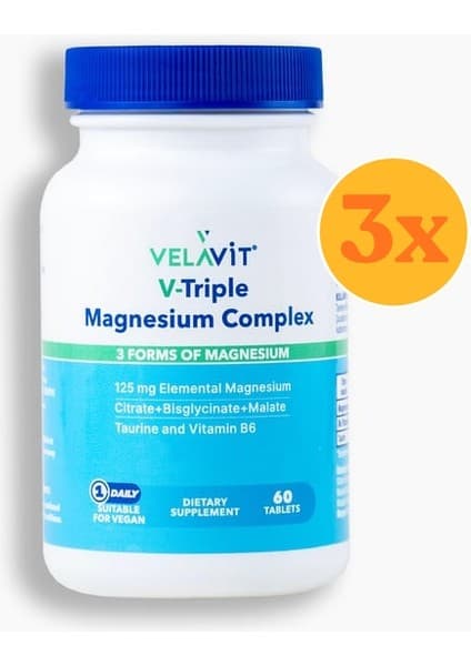 Velavit V- Triple Magnesium Complex - Magnezyum, B6 ve Taurin - 60 Tablet - 3 Adet (Toplam 180