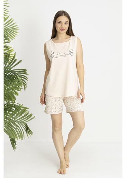 Estiva Kadın Çiçek Alt Desenli Somon Kolsuz Şortlu Penye Lycra Pijama