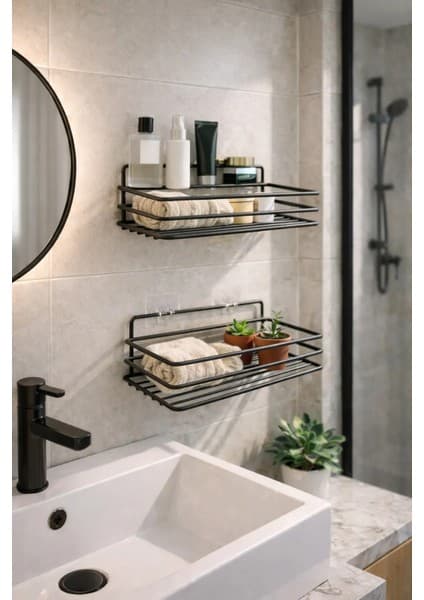 Mikasso Yapışkanlı Ikili Duşakabin Banyo Rafı, Paslanmaz Metal Şampuanlık Ayna Etajeri Düzenleyici
