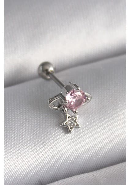 Azrlya 316L Çelik Gümüş Renk Pembe Zirkon Taşlı Sallantı Yıldız Detay Tragus Piercing -