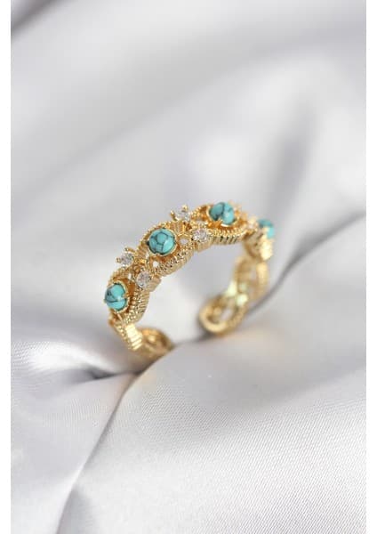 Azrlya Mavi Taşlı Gold Renk Vintage Kadın Yüzük -