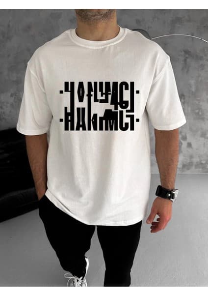 Tarz Yeri Bisiklet Yaka Katlanan Baskılı T-Shirt - Beyaz