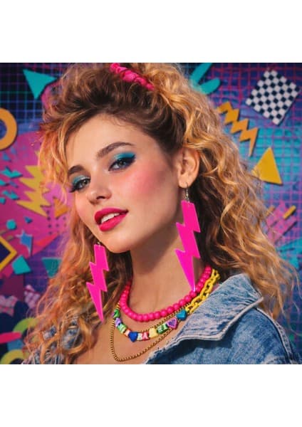 Skygo 80 ler 90 lar Retro Neon Pembe Şimşek Küpe 10