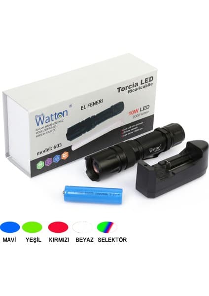 Colezium 10W 2000 Lümen 4 Renk Güçlü El Feneri Watton WT-605 Fiyatı