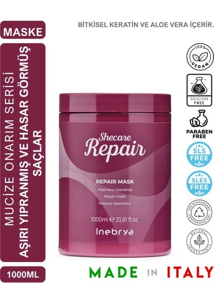 Inebrya Shecare Repair Yıpranmış Saçlar İçin Yoğun Onarıcı Saç Maskesi 1000