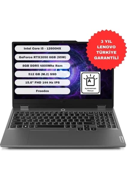 Lenovo Loq 15IAX9 83GS00PDTR Intel Core I5-12600HX 8gb 512GB SSD RTX3050-6GB 15.6" IPS Freedos Taşınabilir Bilgisayar