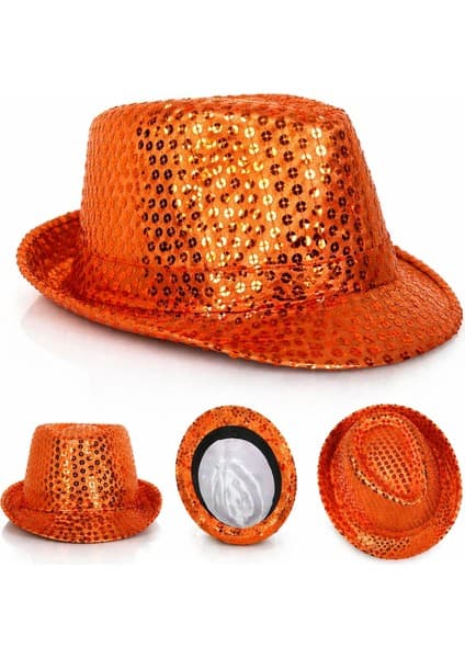 Magicool Turuncu Payetli Disco Parti Şapkası Yetişkin Işıltılı Fötr