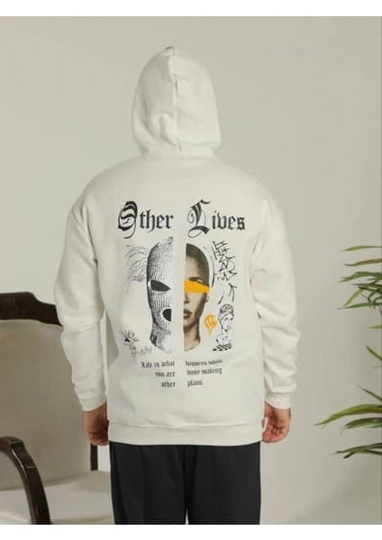 Efnaz Style Oversize Üç Iplik Şardonlu Kapüşonlu Sweatshirt – Beyaz “other Lives” Ön ve Arka