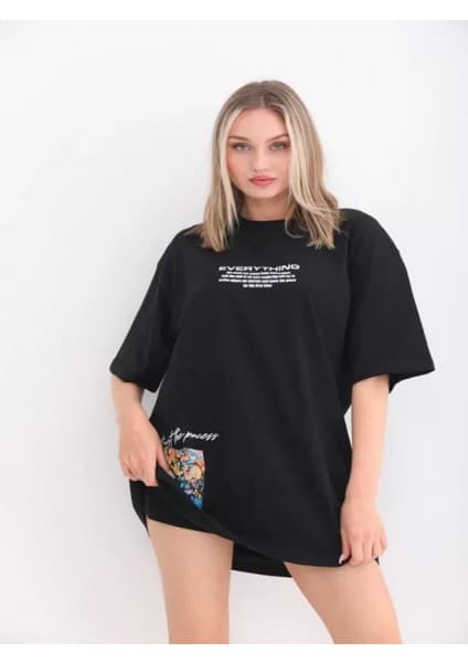 Efnaz Style Unisex Bisiklet Yaka Baskılı Oversize T-Shirt -