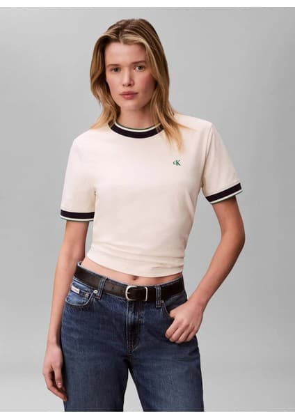 Calvin Klein Jeans Bej Kadın T-Shirt Ss Ctn Monogram Strıpe