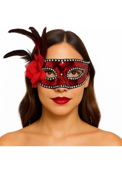 Mey Ithalat® Kırmızı Renk Yandan Tüylü Güllü Gümüş Taşlı Pullu Maske 20X22