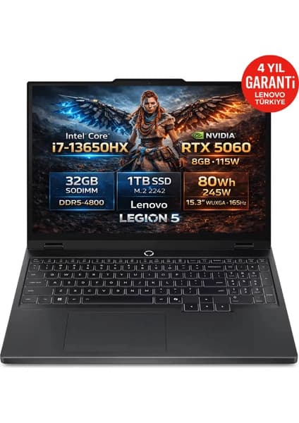 Lenovo Legion 5 15IRX10 Intel Core i7-13650HX 32GB 1TB SSD RTX 5060 8GB 15.3" WUXGA (1920X1200) IPS 165Hz 115W Freedos Taşınabilir Bilgisayar 83LY00PYTR