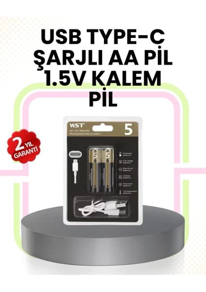 Tekrar Şarj Edilebilir Aa USB Type-C Pil | 1000+ Döngü | 1.5V Sabit