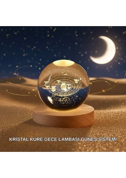 Dekoratif LED Kristal Küre Ahşap Altlıklı Şık Gece Lambası -
