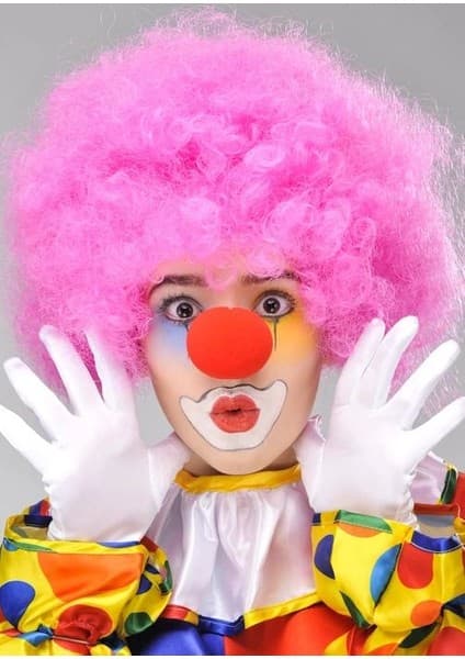 Mudanis Pembe Renk Kıvırcık Afro Bonus Peruk Takma Saç ve Kırmızı Burun