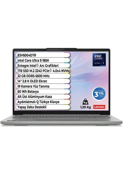 Lenovo Ideapad Slim 5 14IMH10 Intel Core Ultra 9 185H 2.8 K OLED 32 GB 1 Tb SSD Freedos 14 Inç