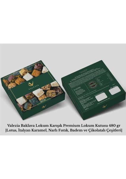 Valezia Baklava Lokum Karışık Premium Lokum Kutusu 480 gr | Lotus, Italyan Karamel, Narlı Fıstık,