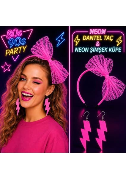 Teknoparkx Mey Ithalat® Neon Pembe Dantel Taç ve Şimşek Küpe Fiyatı