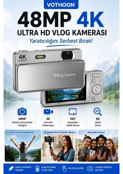Epilons 4K HD Dijital Kamera 48MP Gümüş 16X Zoom Flaşlı Kayar Retro 2.8’’ Ekran 64GB SD