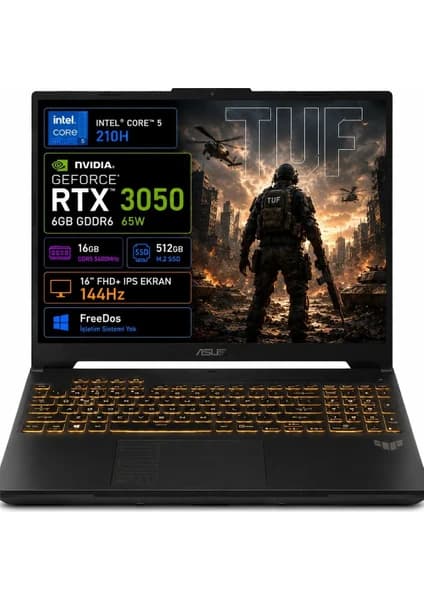 Asus Tuf Gaming F16 FX607VJB-RL037 Intel Core 5 210H 16GB 512GB SSD RTX3050 6 GB 16" Fhd+ Wuxga 144Hz IPS Panel Freedos Taşınabilir Bilgisayar