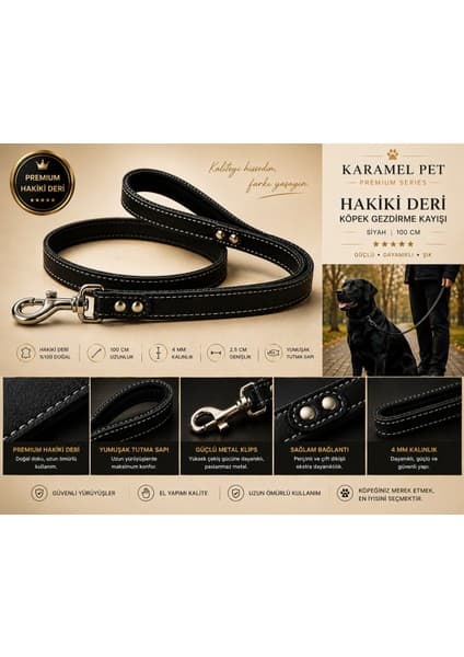 Colezium Hakiki Deri Köpek Gezdirme Kayışı Siyah 100 cm Yumuşak Doulu Tutma