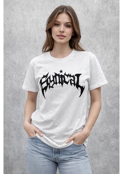 Tarz Yeri Kadın Kısa Kol Yazlık Tişört Bisiklet Yaka Baskılı Oversize T-Shirt -