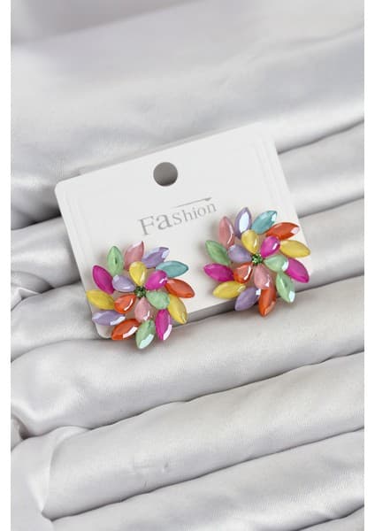 Toyigoo Karışık Renk Kristal Taşlı Çiçek Model Kadın Küpe -
