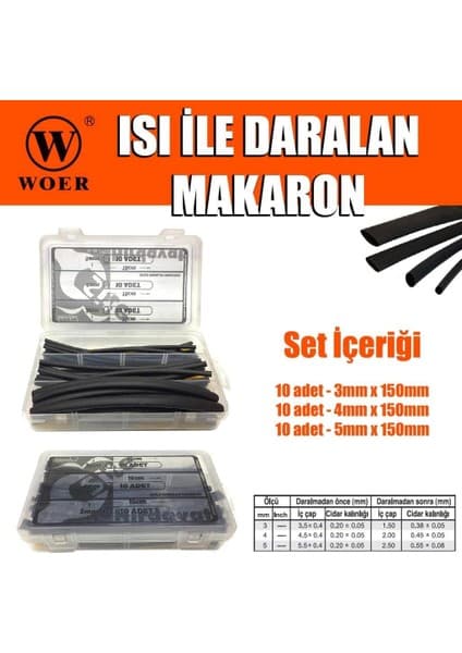 Woer Isı Ile Daralan Makaron Seti 30 Parça 15 cm - 3-4-5