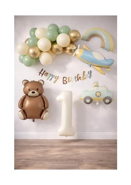 Retro 1 Yaş Doğum Günü Seti; Uçak, Araba, Gökkuşağı, Ayıcık ve 20 Adet Lateks Balon