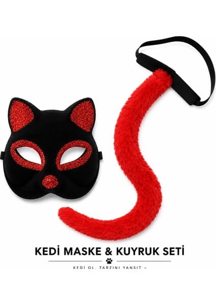 Shopwave Kırmızı Maske Kuyruk Seti Parti Kostüm Aksesuarı