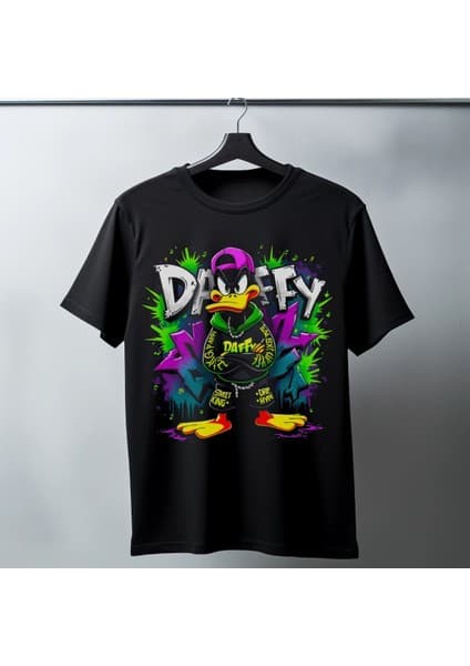 Velmora Fashion Daffy Duck Graffiti Baskılı Unisex Siyah Tişört - 24/1 Penye