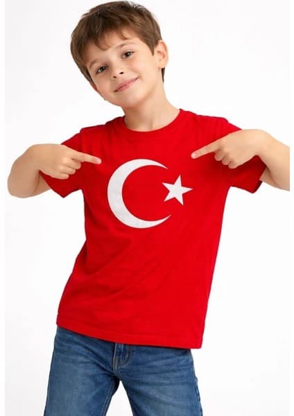 Senka Erkek Çocuk Tişört Bisiklet Yaka Ay Yıldız Bayrak Baskılı T-Shirt -