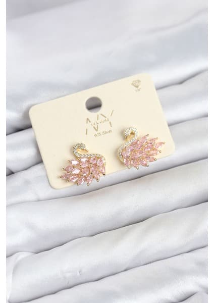 Skygo Pembe Zirkon Taşlı Gold Swan Kuğu Model Kadın Küpe