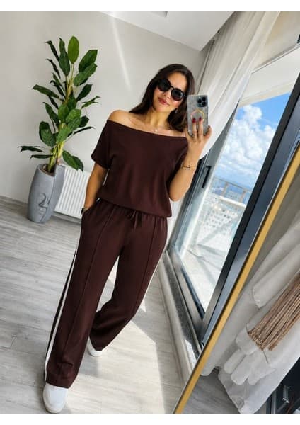 Efnaz Style Kadın Tek Omuzdan Açık Yan Şerit Detaylı Viskon Iki Iplik Bluz ve Pantolon Ikili