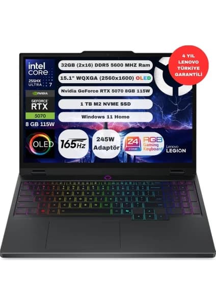 Lenovo Legion 5 Intel Core Ultra 7 255HX 32GB 1TB SSD RTX5070 Windows 11 Home 15.1" OLED 165Hz Taşınabilir Bilgisayar 83F00087TR