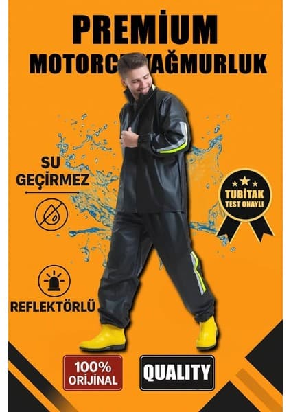 Velmora Fashion Erkek Premium Motorcu Kurye Yağmurluk Takım Su Geçirmez PVC Kumaş Reflektörlü -