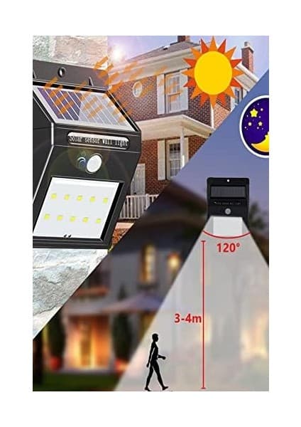 Pır Hareket Sensörlü 20 LED Solar Güneş Enerjili Su Geçirmez Duvar